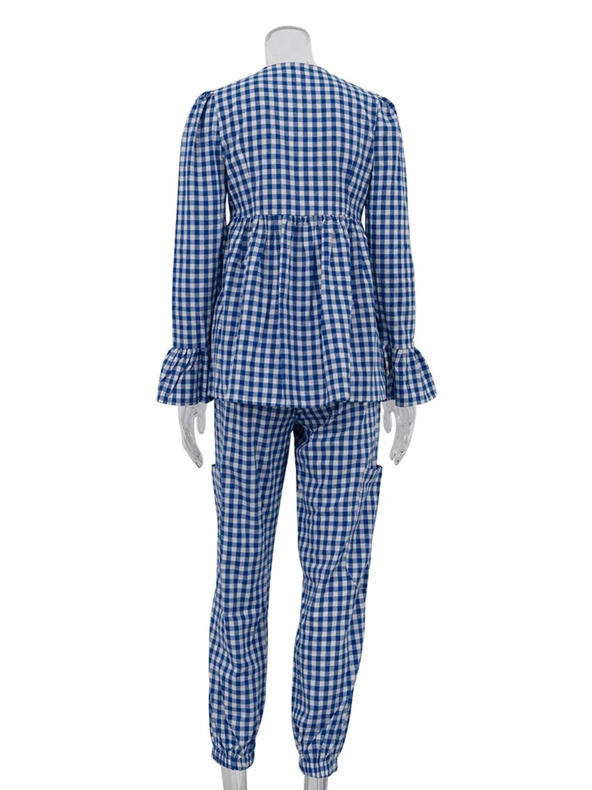 Gingham Outfit Pencil Pants & Tie-Up Shirt in Cotton Blend | Chuzko.com