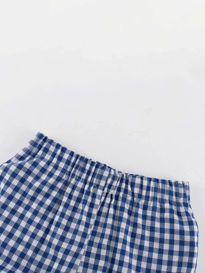 Gingham Outfit Pencil Pants & Tie-Up Shirt in Cotton Blend | Chuzko.com