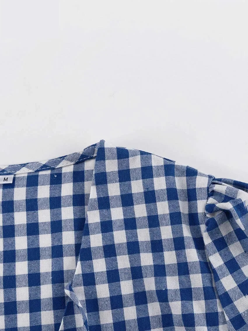 Gingham Outfit Pencil Pants & Tie-Up Shirt in Cotton Blend | Chuzko.com