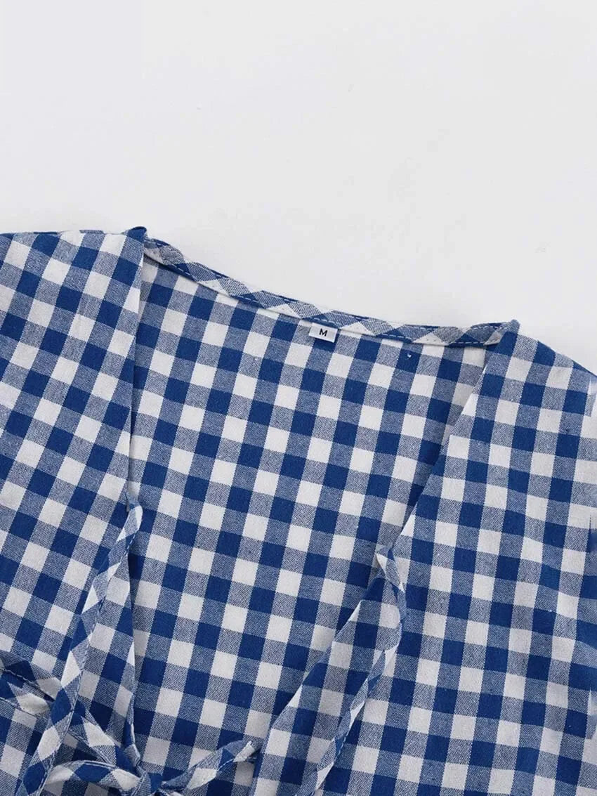 Gingham Outfit Pencil Pants & Tie-Up Shirt in Cotton Blend | Chuzko.com