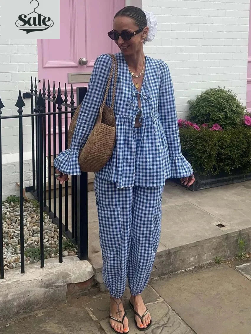 Gingham Outfit Pencil Pants & Tie-Up Shirt in Cotton Blend	