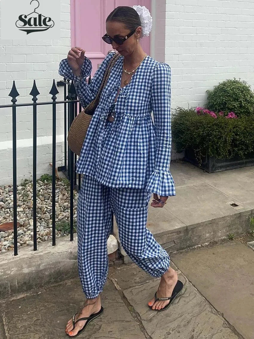 Gingham Outfit Pencil Pants & Tie-Up Shirt in Cotton Blend | Chuzko.com