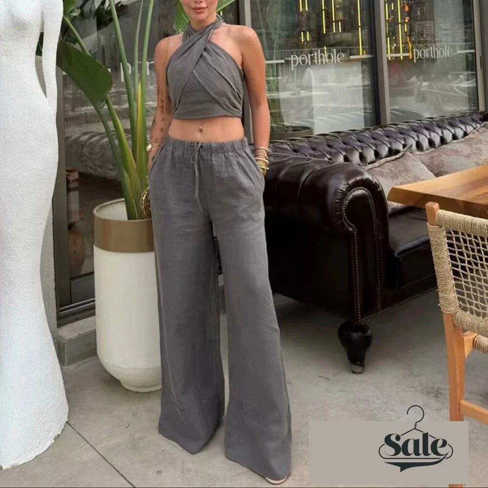 Draped Crop Top & Flowy Wide-Leg Pant Set for Beach Outings | Chuzko.com