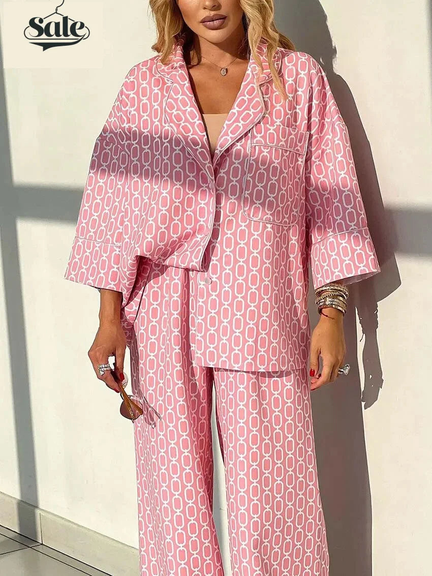 Geometric Print Loungewear Notched Lapel Shirt & Pants Loungewear | Chuzko.com