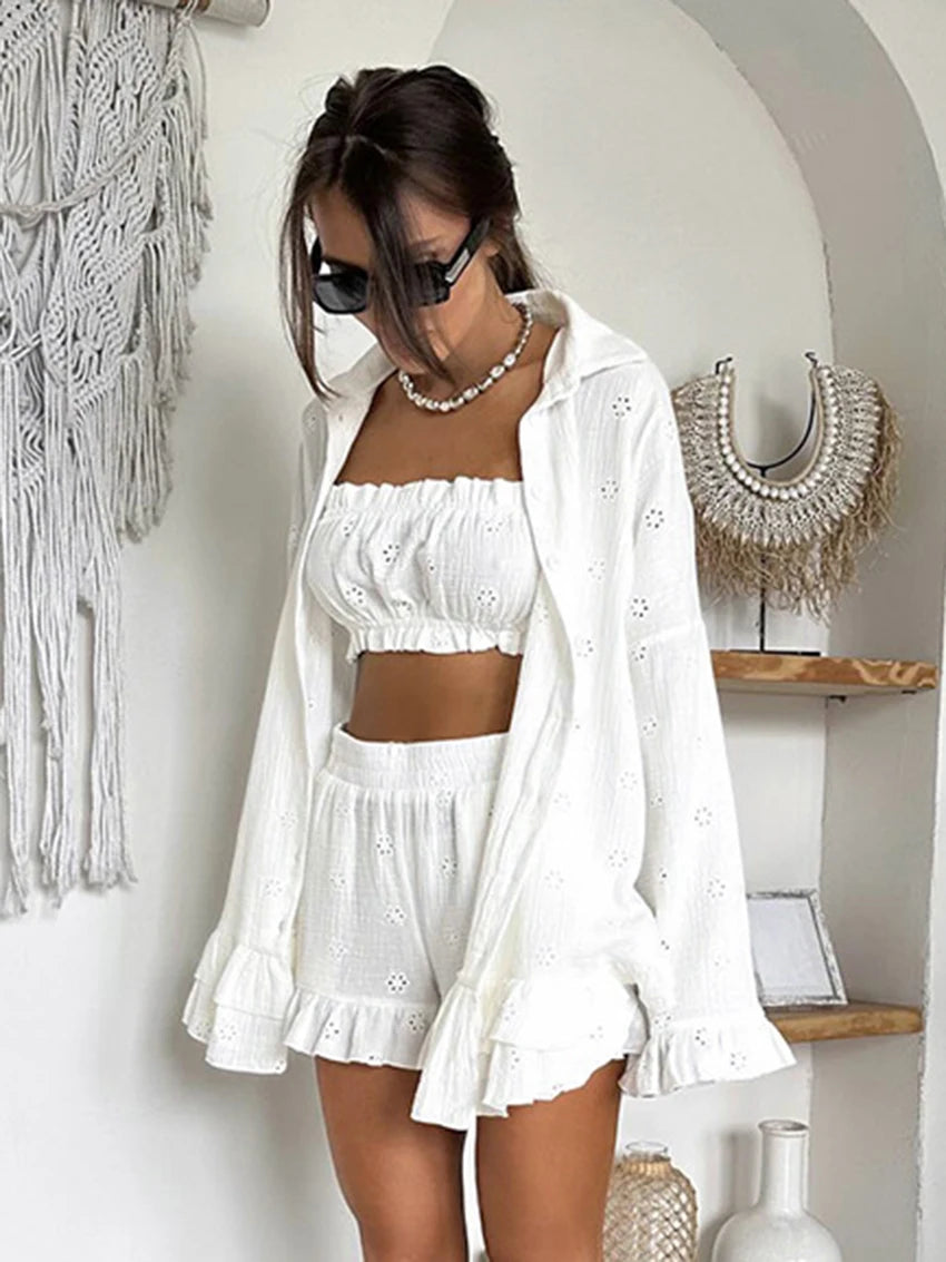 Cotton Eyelet Loungewear 3 Piece Set Short Top with Shirt | Chuzko.com