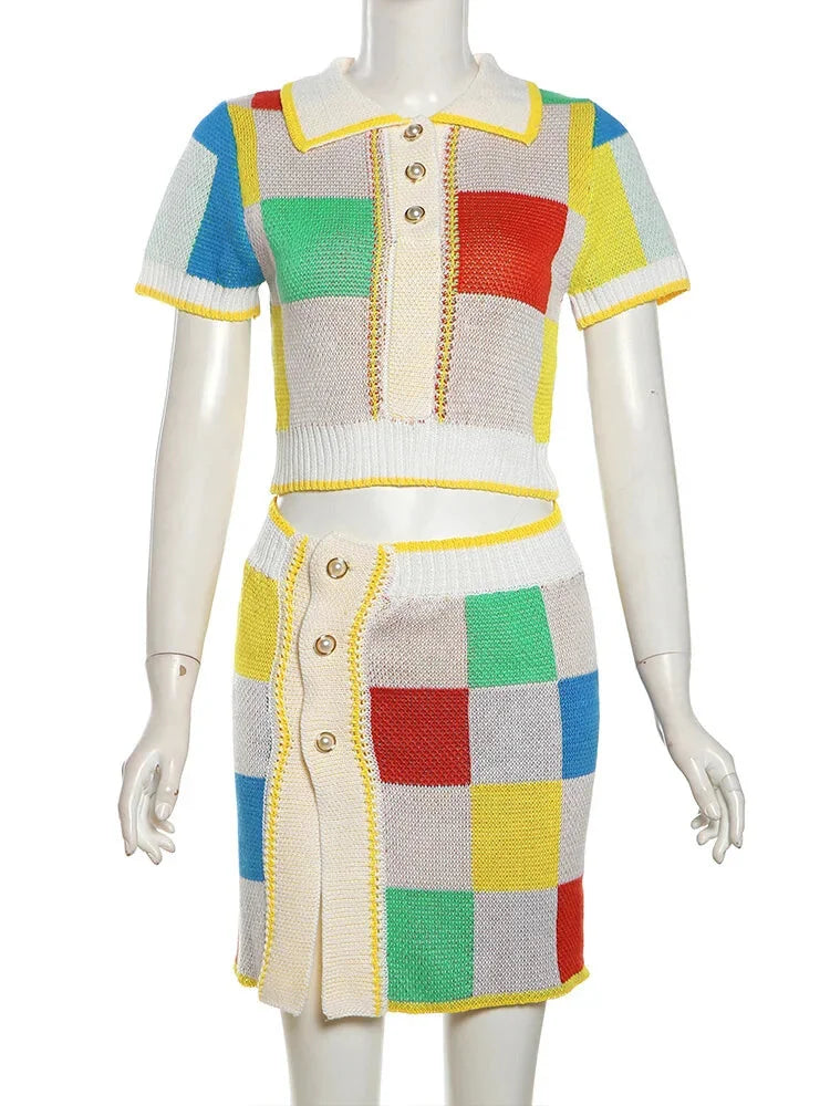 Patchwork Polo Set with Skirt for Artistic Souls Knit Outfit | Chuzko.com