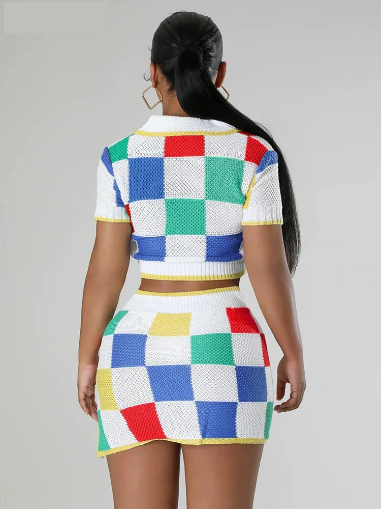 Patchwork Polo Set with Skirt for Artistic Souls Knit Outfit | Chuzko.com