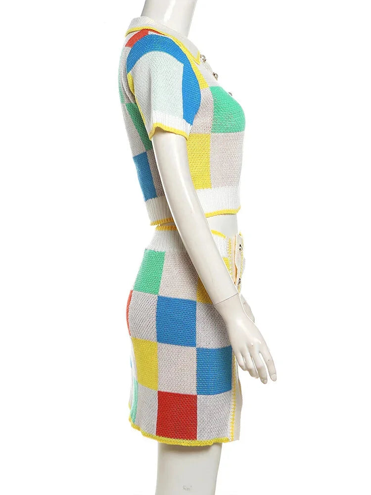 Patchwork Polo Set with Skirt for Artistic Souls Knit Outfit | Chuzko.com