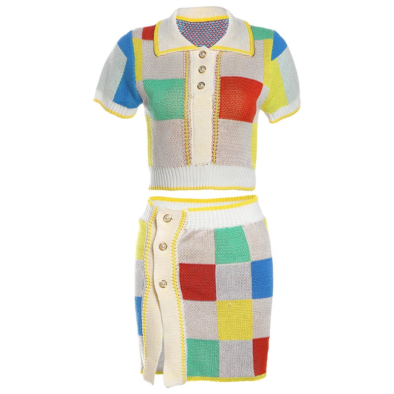 Patchwork Polo Set with Skirt for Artistic Souls Knit Outfit | Chuzko.com