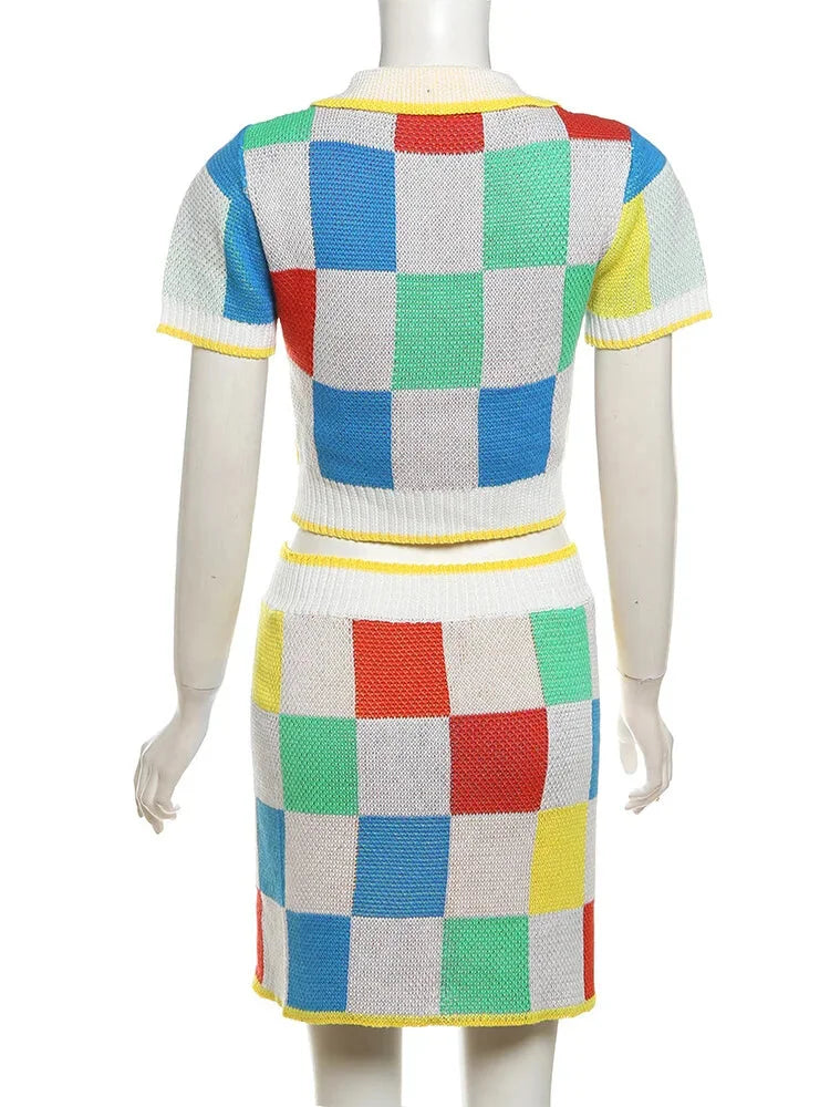 Patchwork Polo Set with Skirt for Artistic Souls Knit Outfit | Chuzko.com