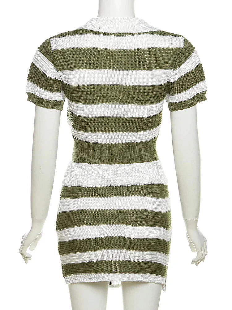 Stripe Knit Set for Trendy Outings Polo & Mini Skirt 2 Piece | Chuzko.com