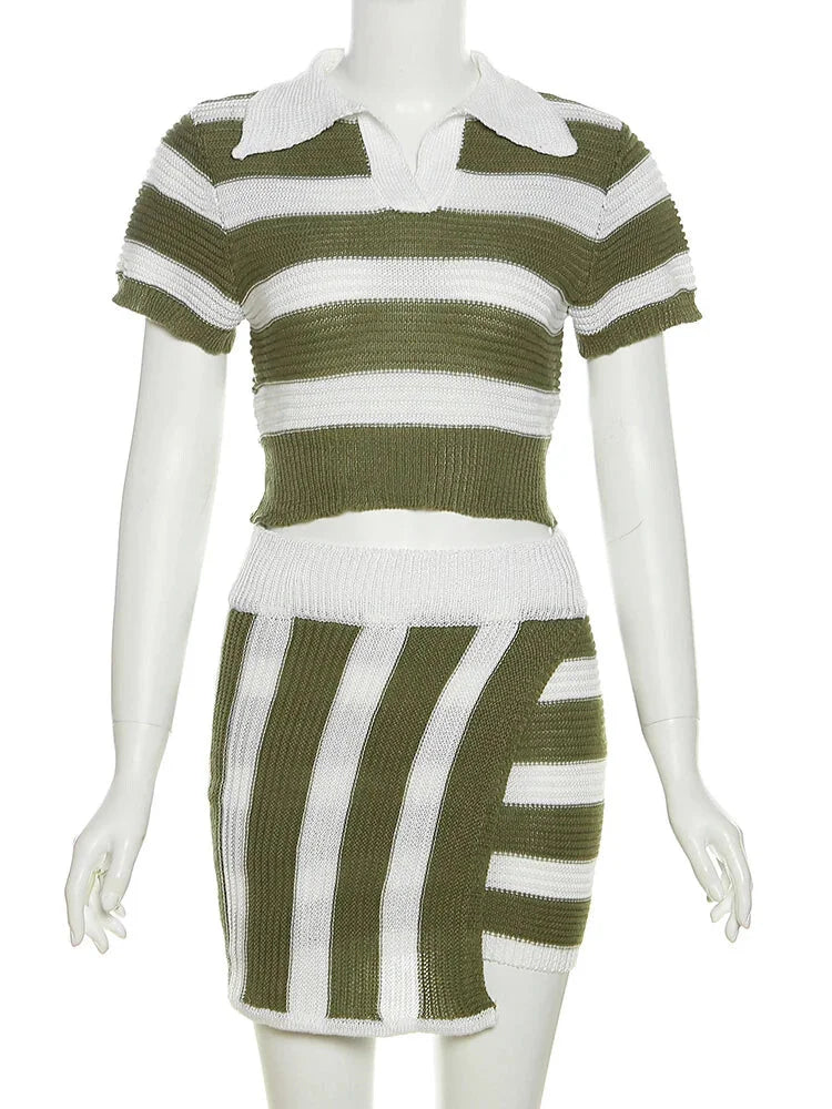 Stripe Knit Set for Trendy Outings Polo & Mini Skirt 2 Piece | Chuzko.com