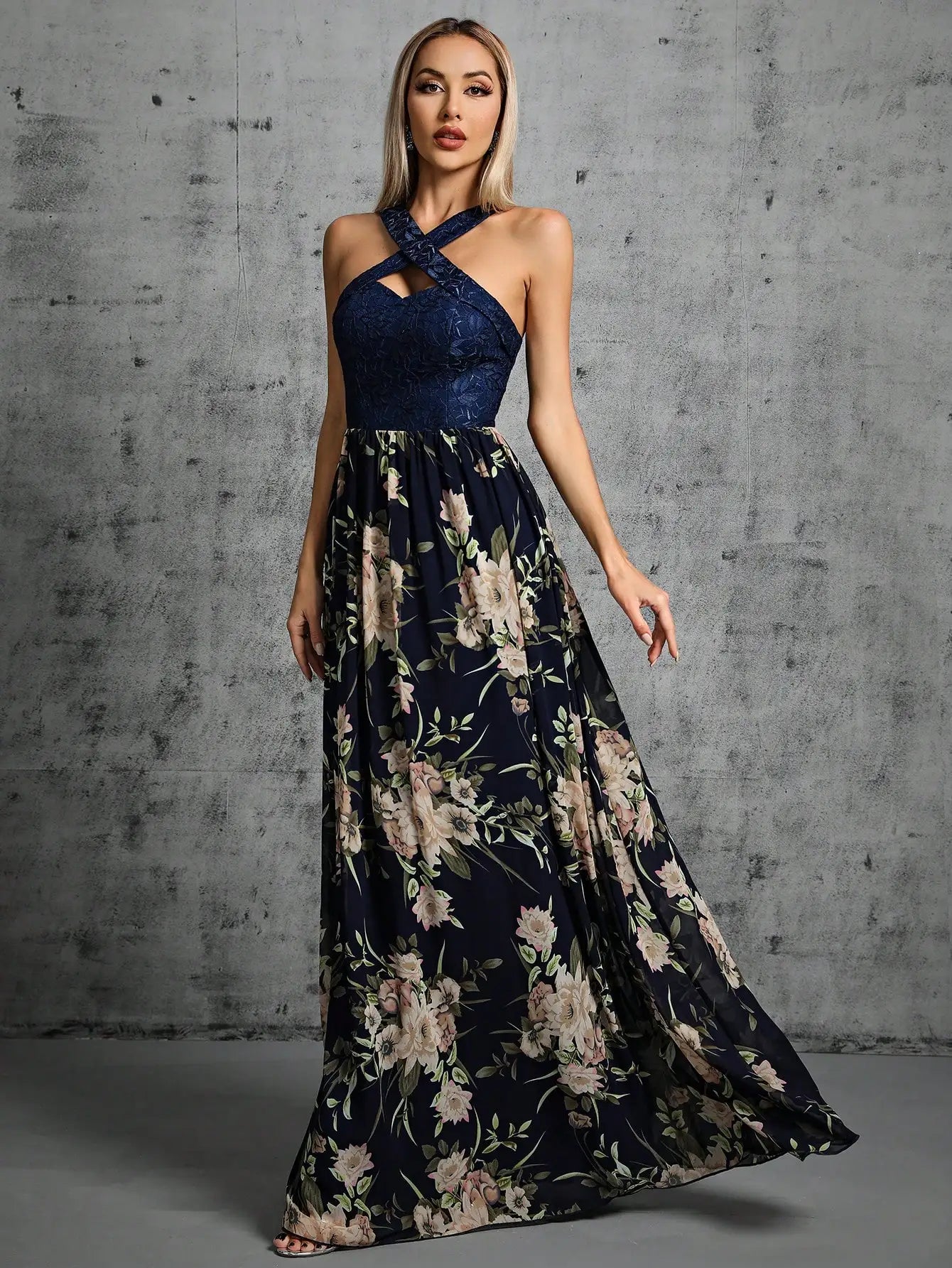 Romantic Navy Floral Maxi Dress for Boho Bridesmaids Maxi Dresses | Chuzko.com