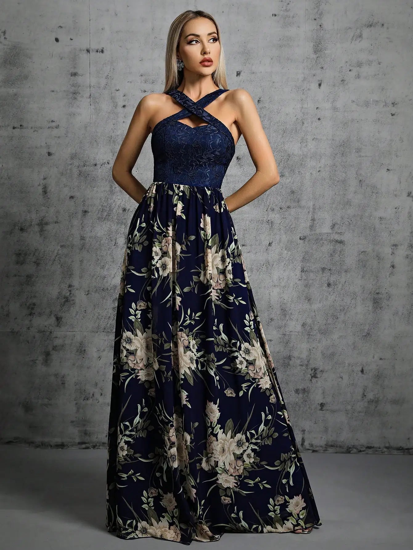 Romantic Navy Floral Maxi Dress for Boho Bridesmaids Maxi Dresses | Chuzko.com