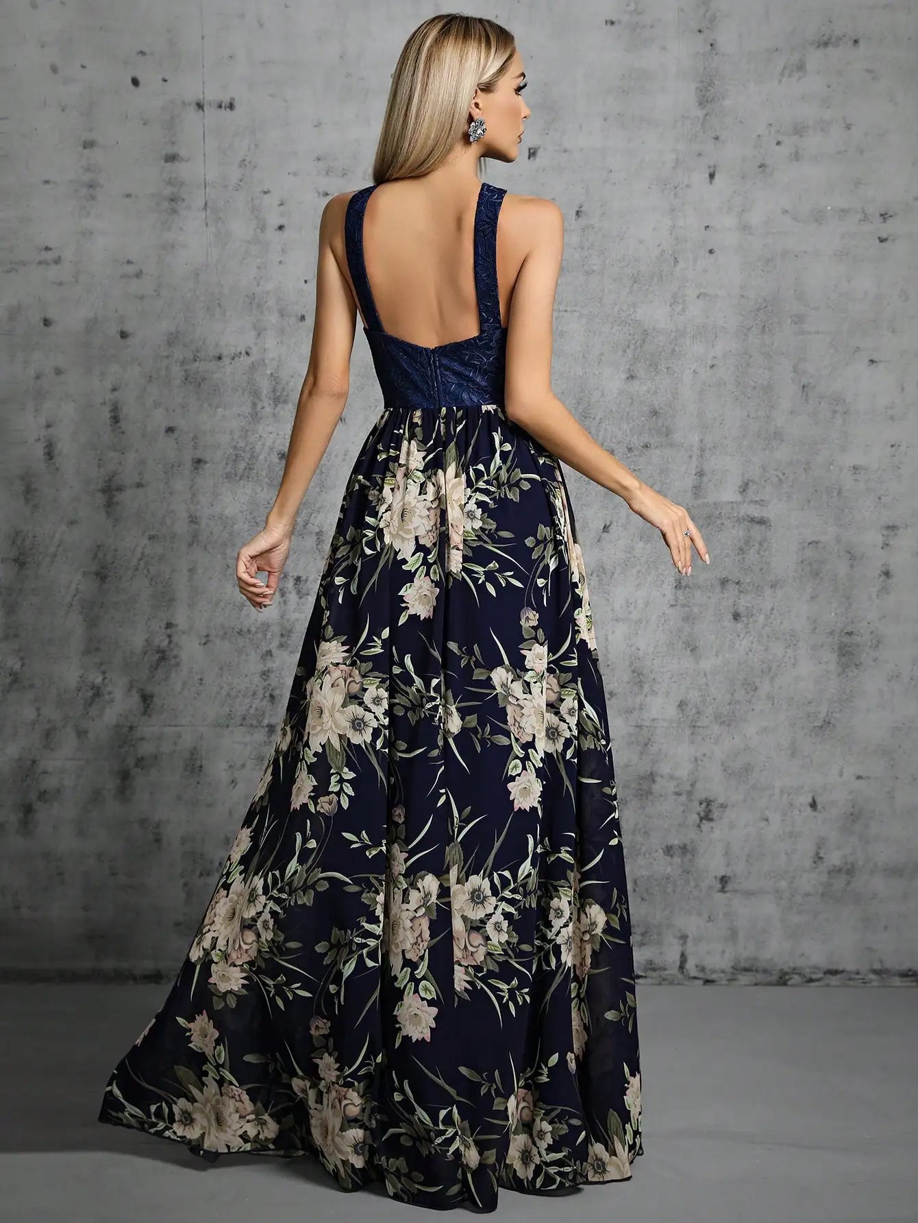 Romantic Navy Floral Maxi Dress for Boho Bridesmaids Maxi Dresses | Chuzko.com