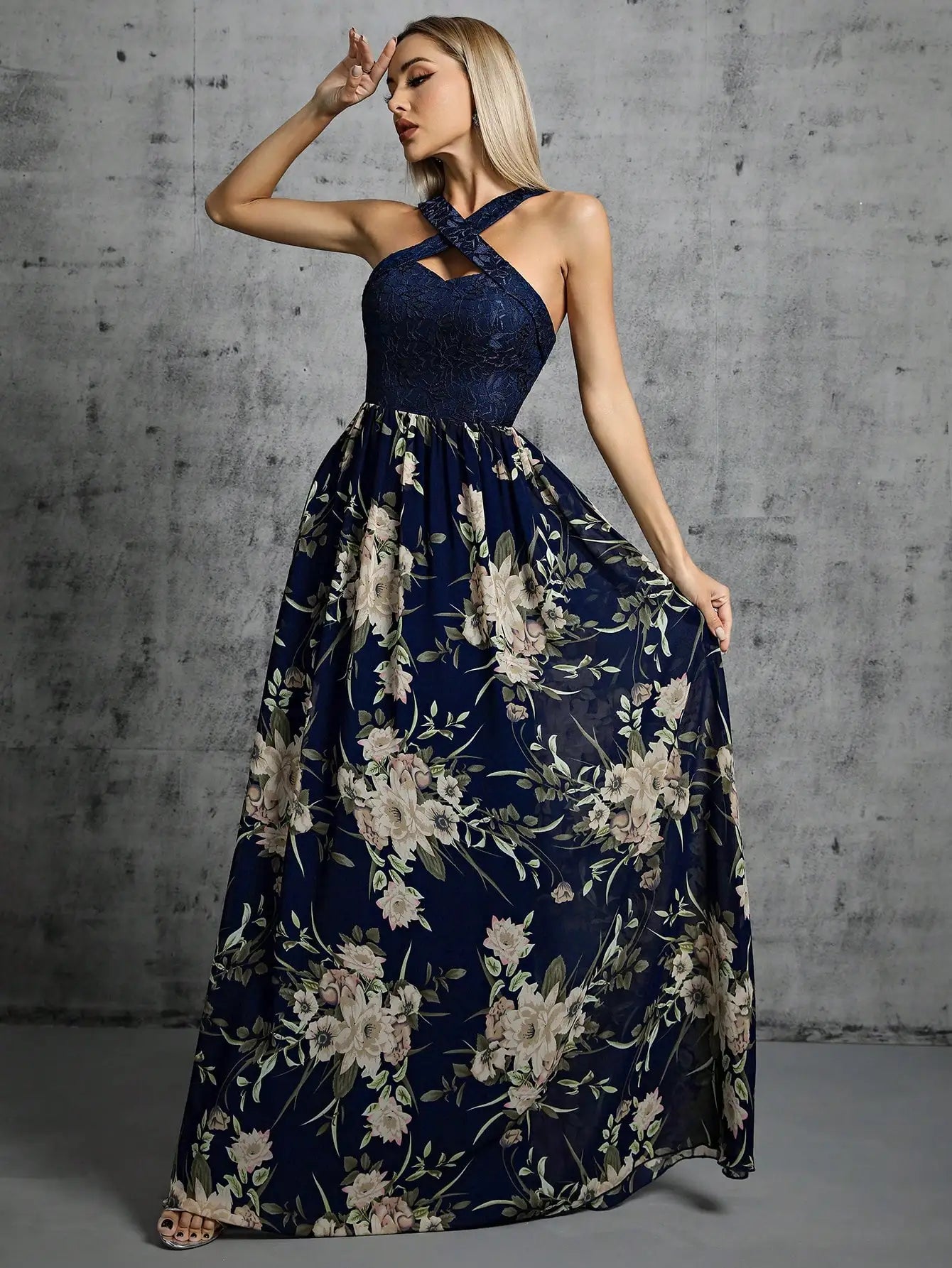 Romantic Navy Floral Maxi Dress for Boho Bridesmaids Maxi Dresses | Chuzko.com