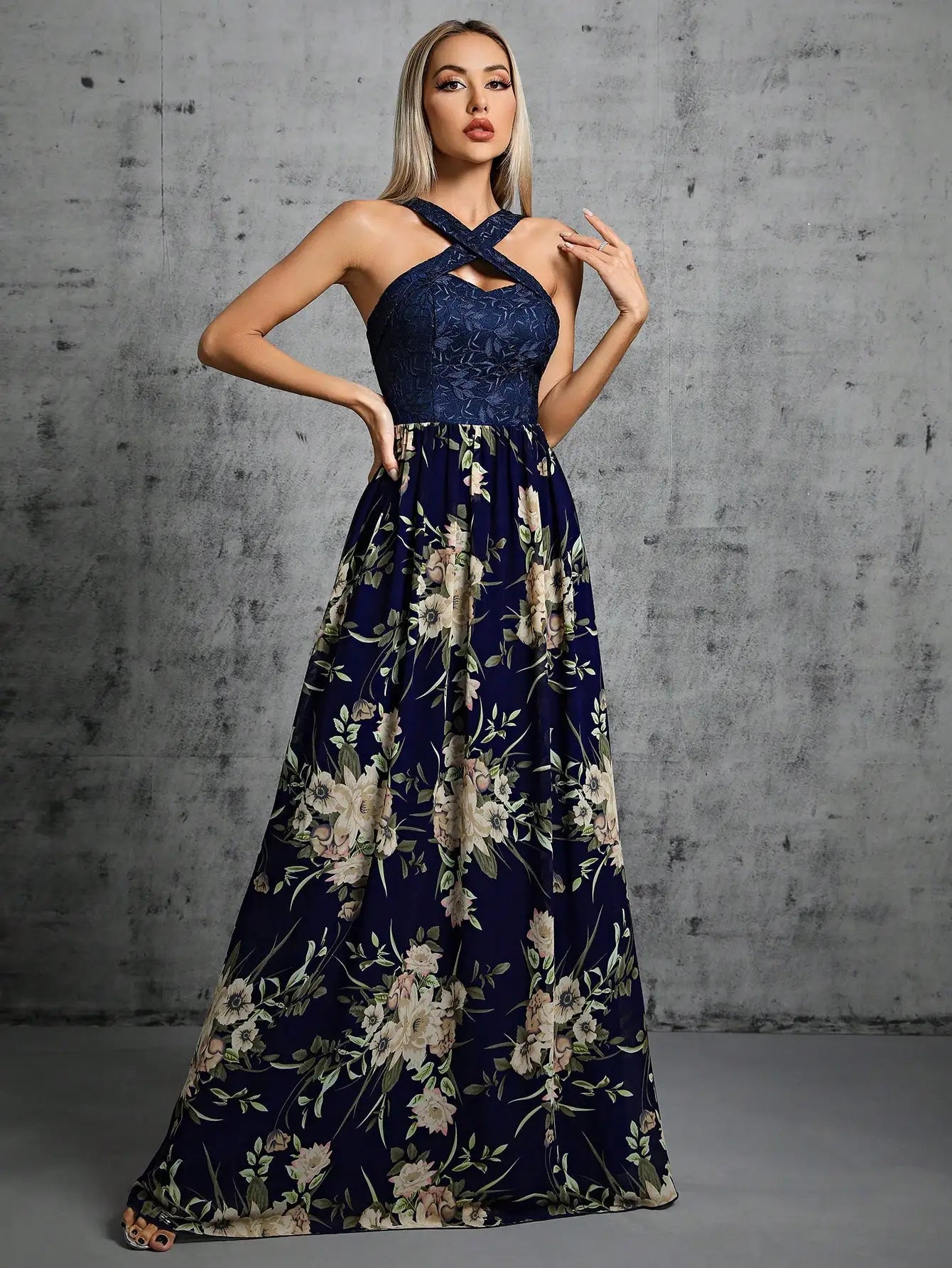 Romantic Navy Floral Maxi Dress for Boho Bridesmaids	