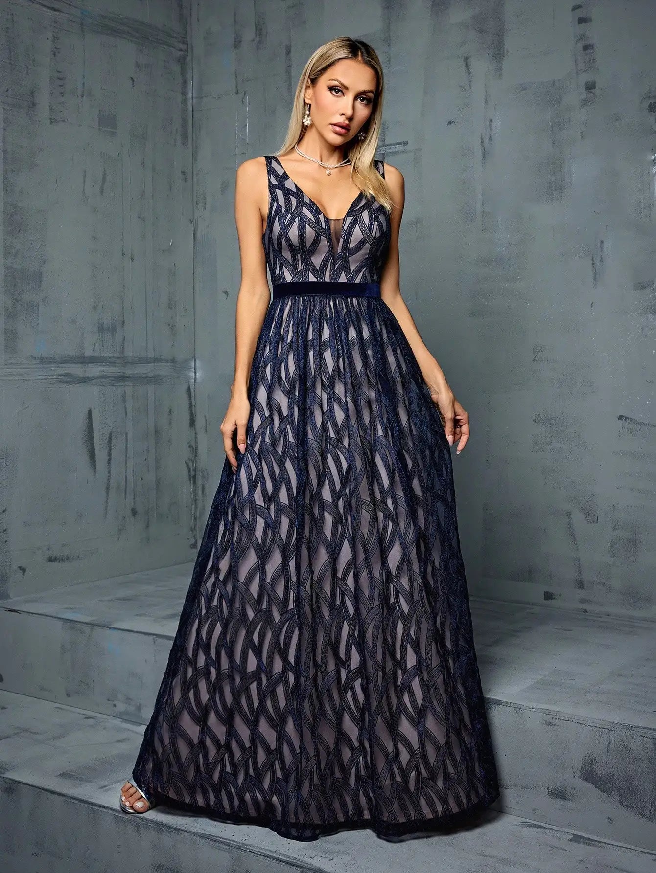 Elegant Navy Evening Gown White Tie Overlay Dress Elegant Dresses | Chuzko.com