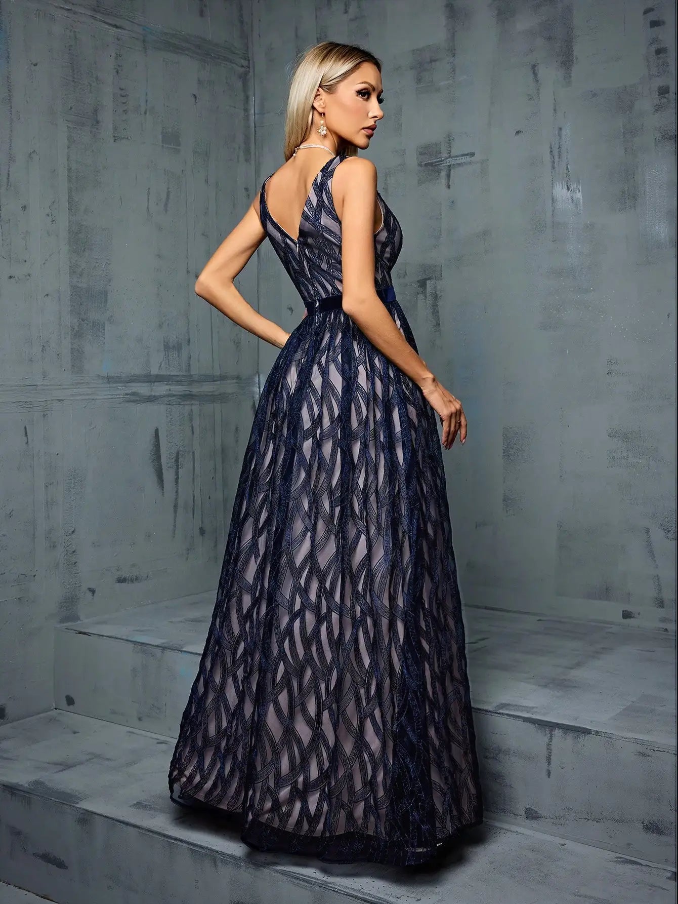 Elegant Navy Evening Gown White Tie Overlay Dress Elegant Dresses | Chuzko.com