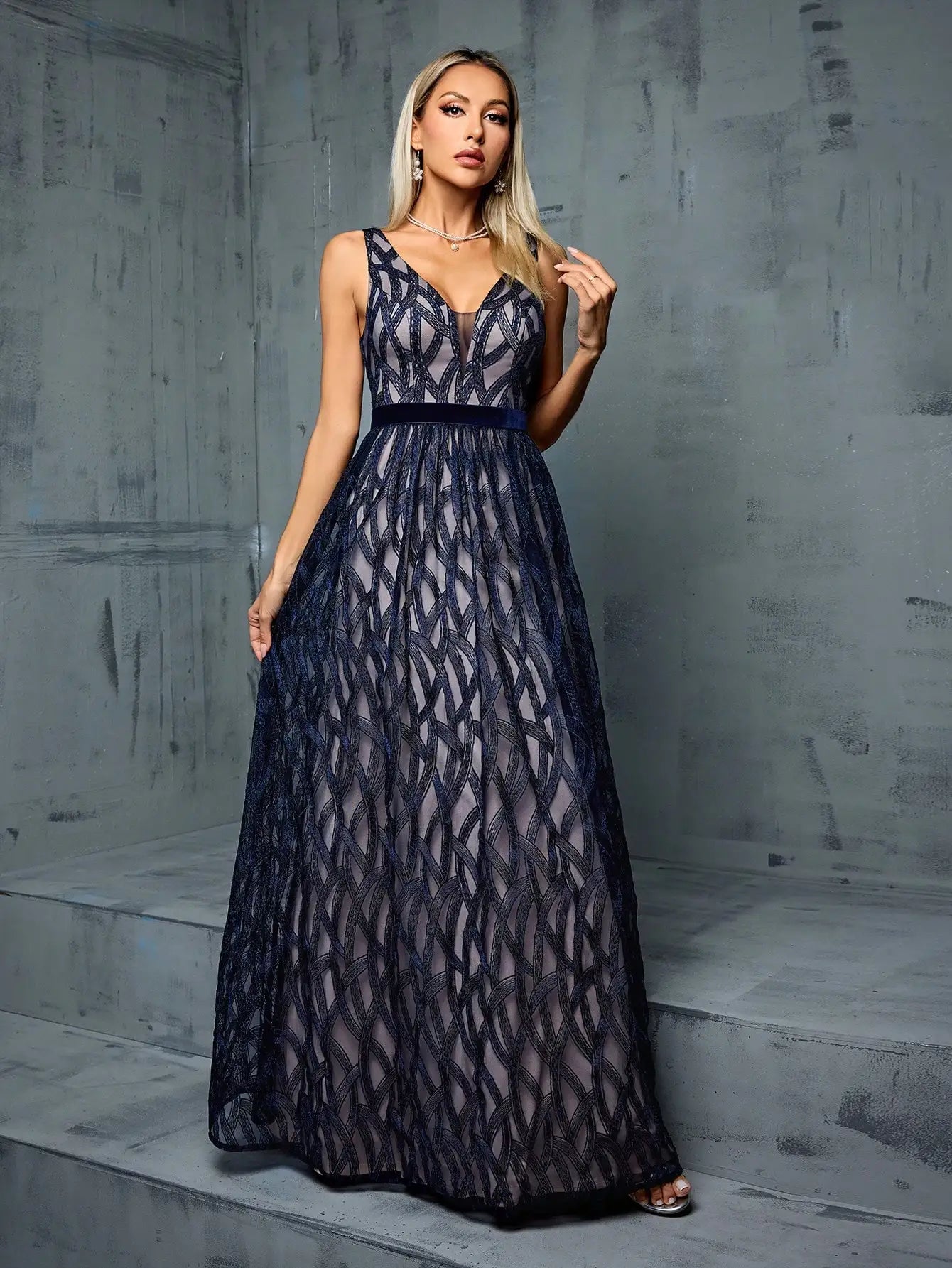 Elegant Navy Evening Gown White Tie Overlay Dress Elegant Dresses | Chuzko.com