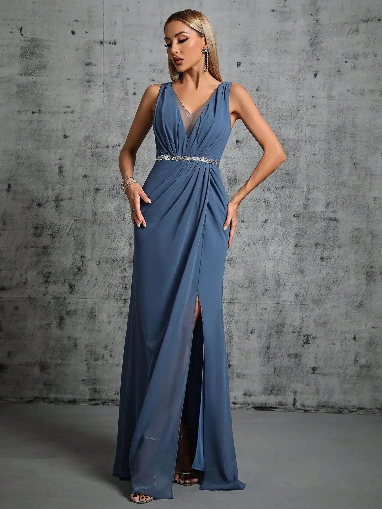 Grecian Draped V-Neck Evening Gown with Rhinestone Belt for Prom | Chuzko.com