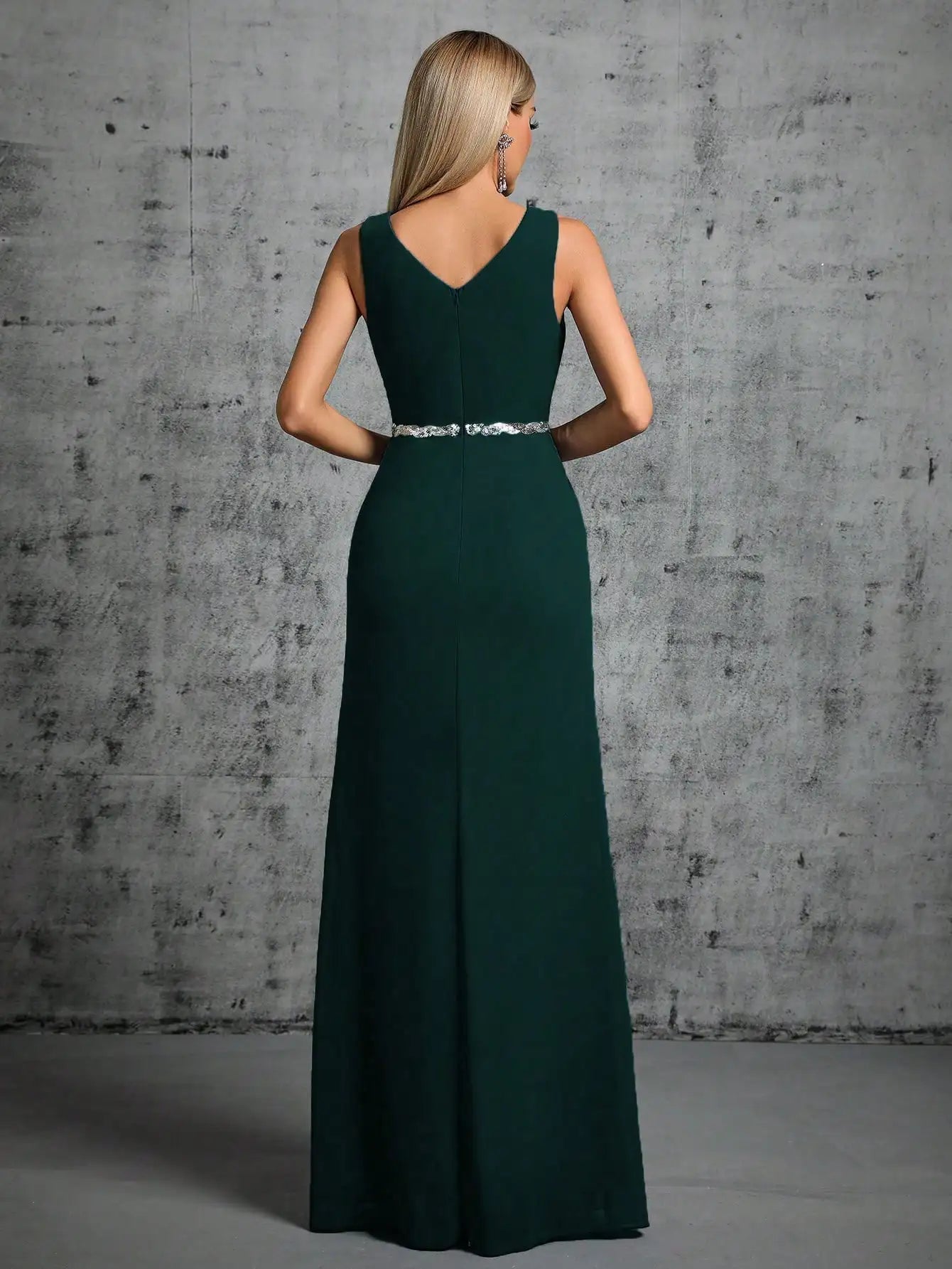 Grecian Draped V-Neck Evening Gown with Rhinestone Belt for Prom | Chuzko.com