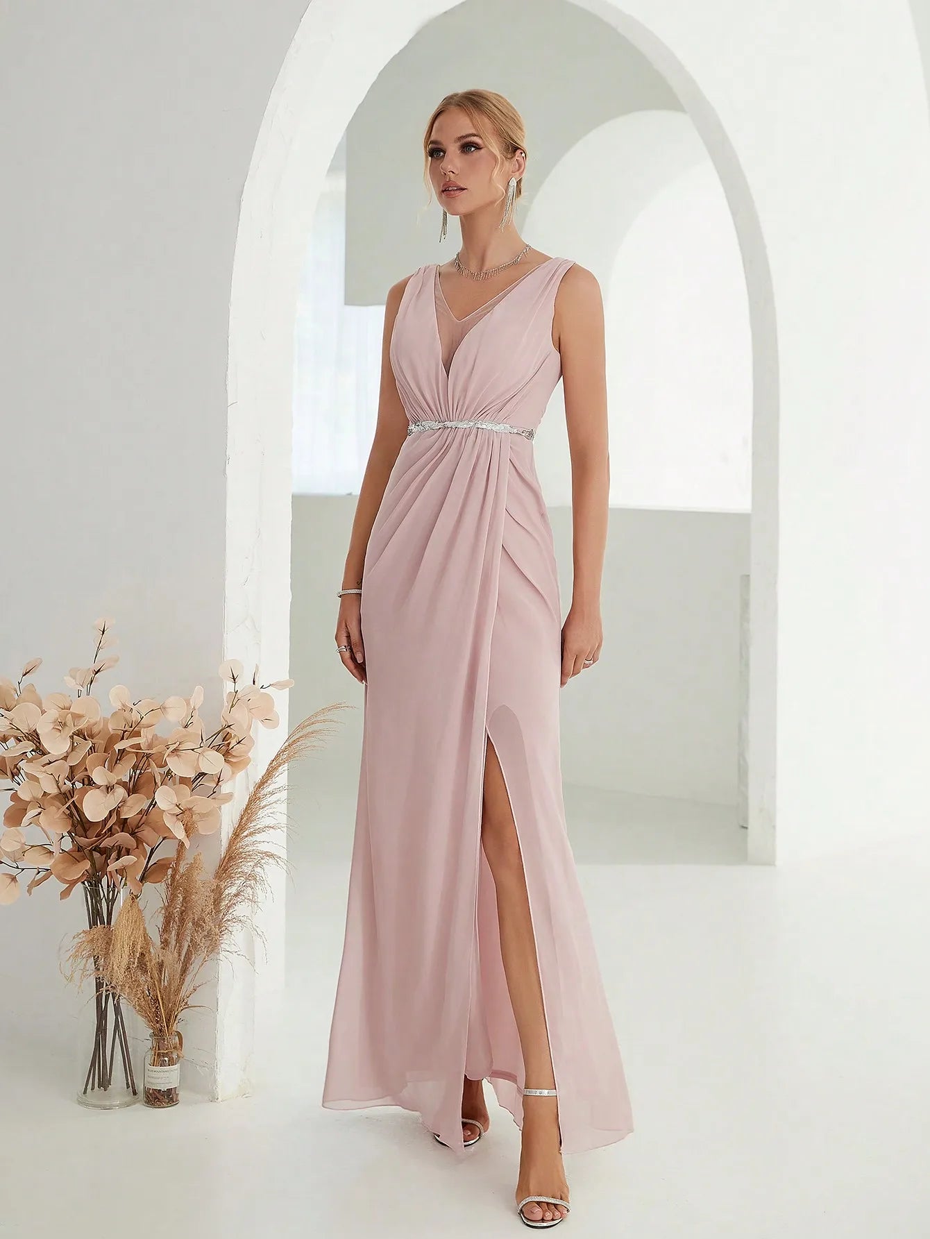 Grecian Draped V-Neck Evening Gown with Rhinestone Belt for Prom | Chuzko.com