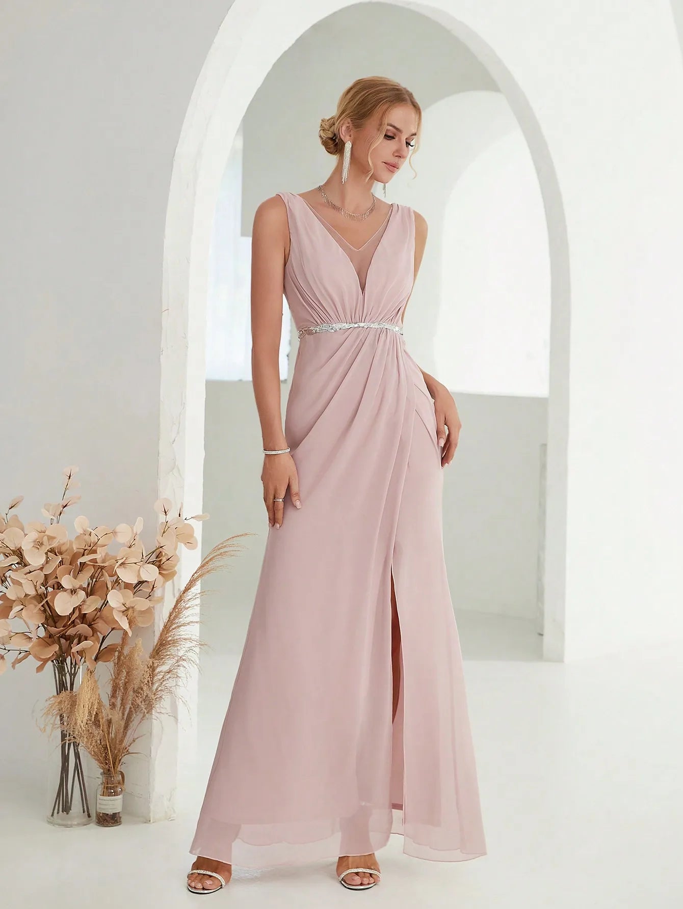 Grecian Draped V-Neck Evening Gown with Rhinestone Belt for Prom | Chuzko.com