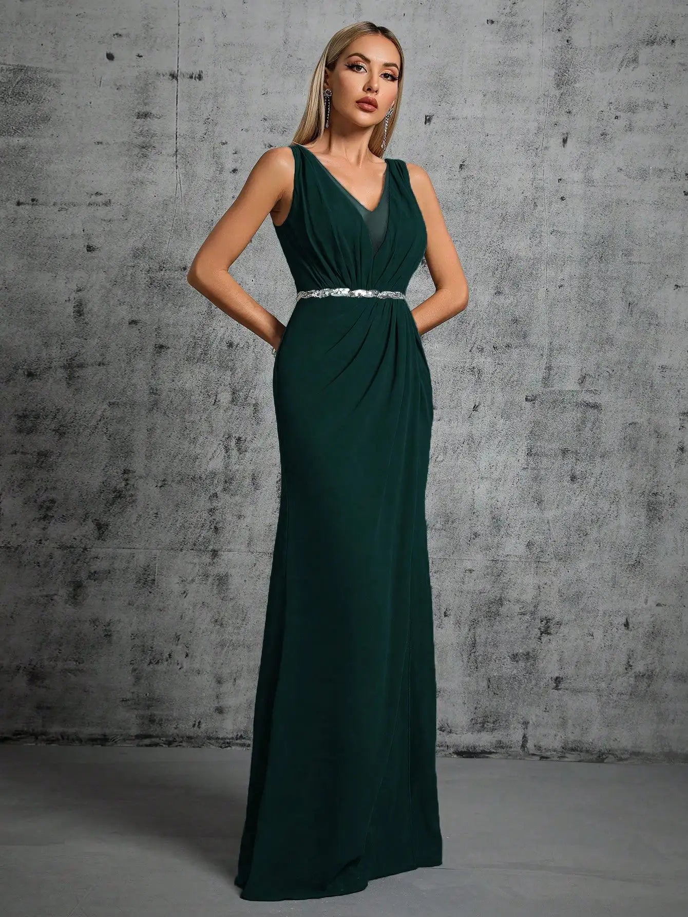 Grecian Draped V-Neck Evening Gown with Rhinestone Belt for Prom | Chuzko.com