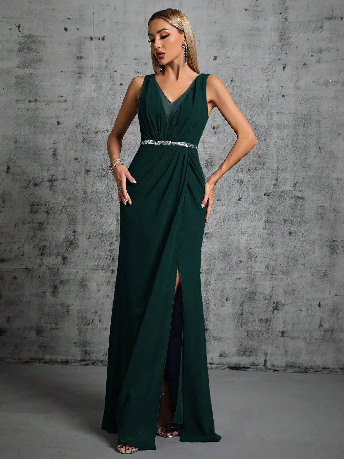 Grecian Draped V-Neck Evening Gown with Rhinestone Belt for Prom | Chuzko.com