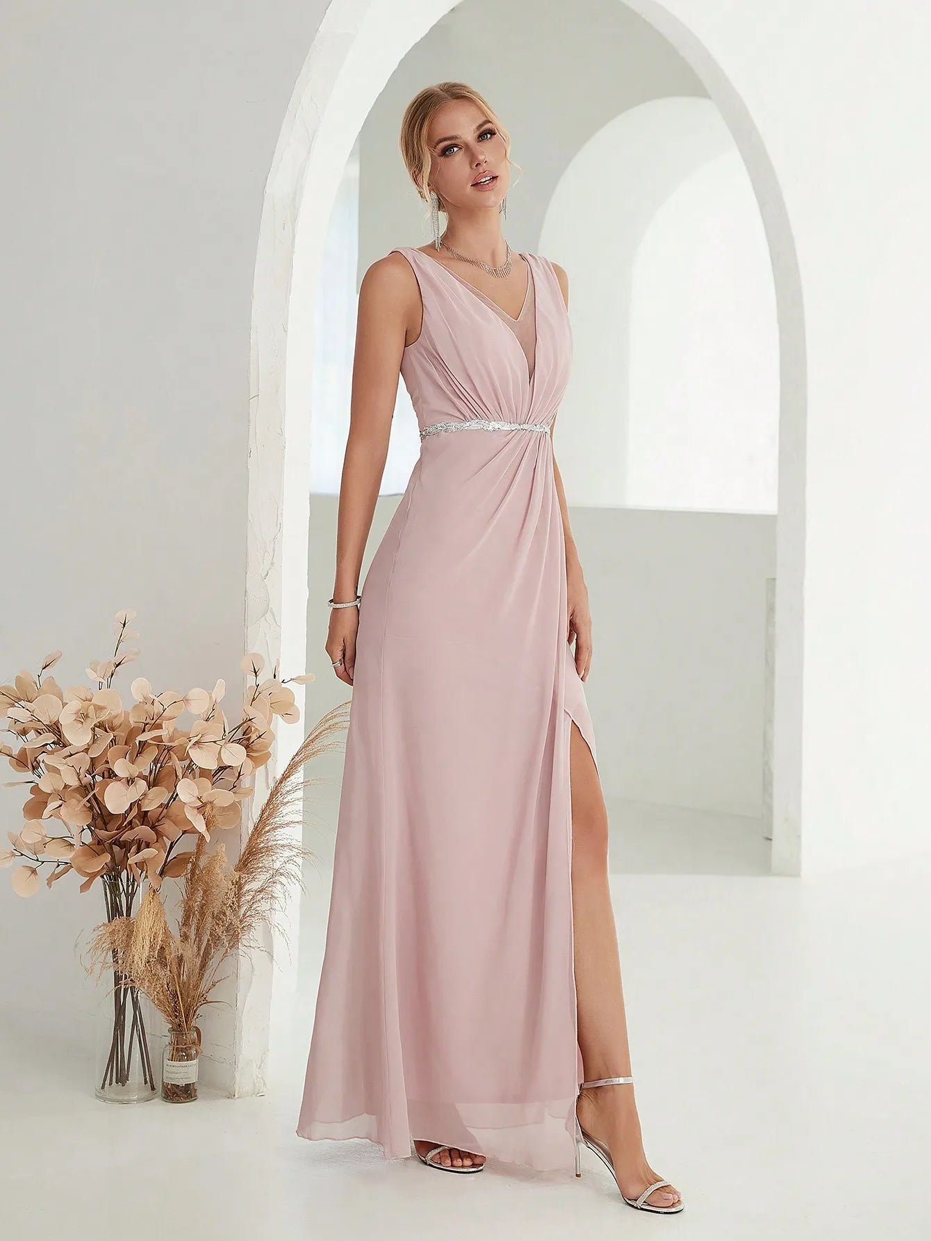 Grecian Draped V-Neck Evening Gown with Rhinestone Belt for Prom | Chuzko.com