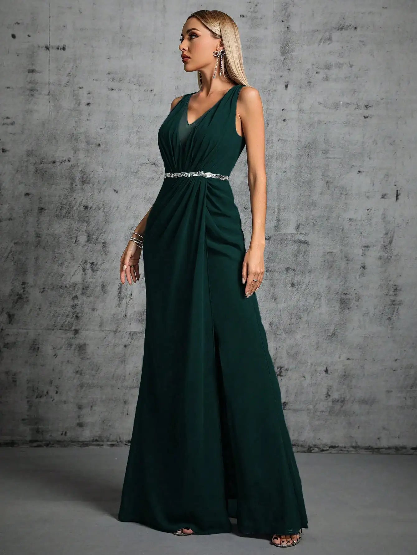 Grecian Draped V-Neck Evening Gown with Rhinestone Belt for Prom | Chuzko.com