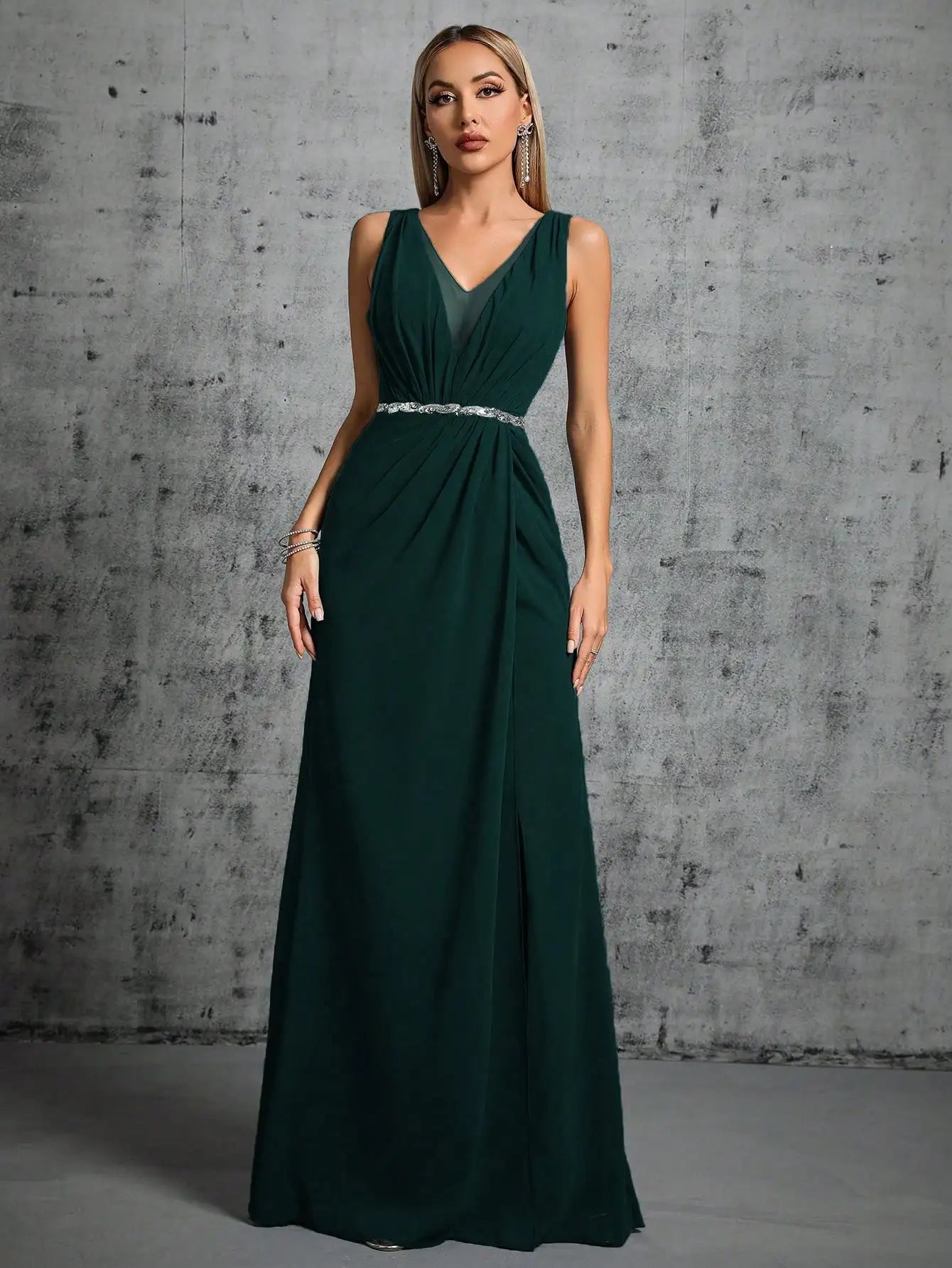 Grecian Draped V-Neck Evening Gown with Rhinestone Belt for Prom | Chuzko.com