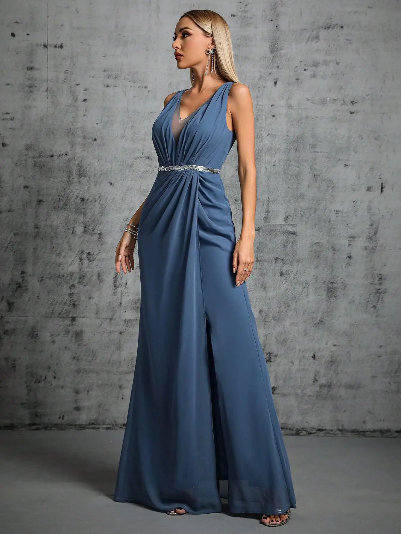 Grecian Draped V-Neck Evening Gown with Rhinestone Belt for Prom | Chuzko.com