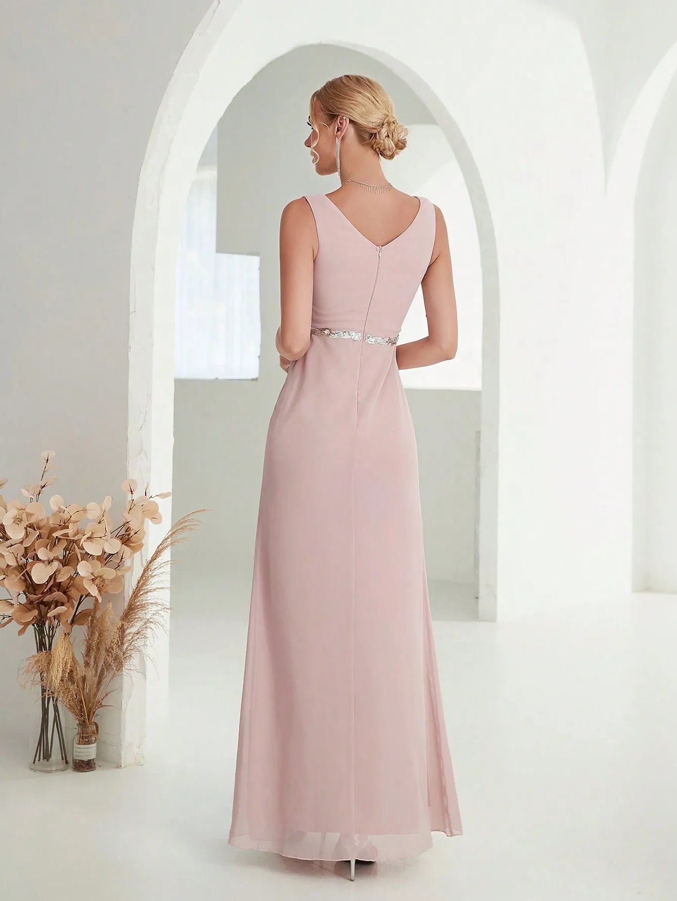 Grecian Draped V-Neck Evening Gown with Rhinestone Belt for Prom | Chuzko.com