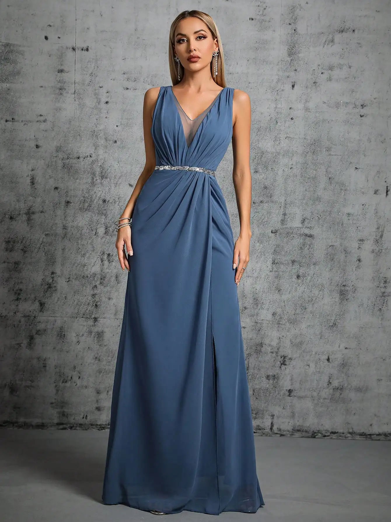 Grecian Draped V-Neck Evening Gown with Rhinestone Belt for Prom	