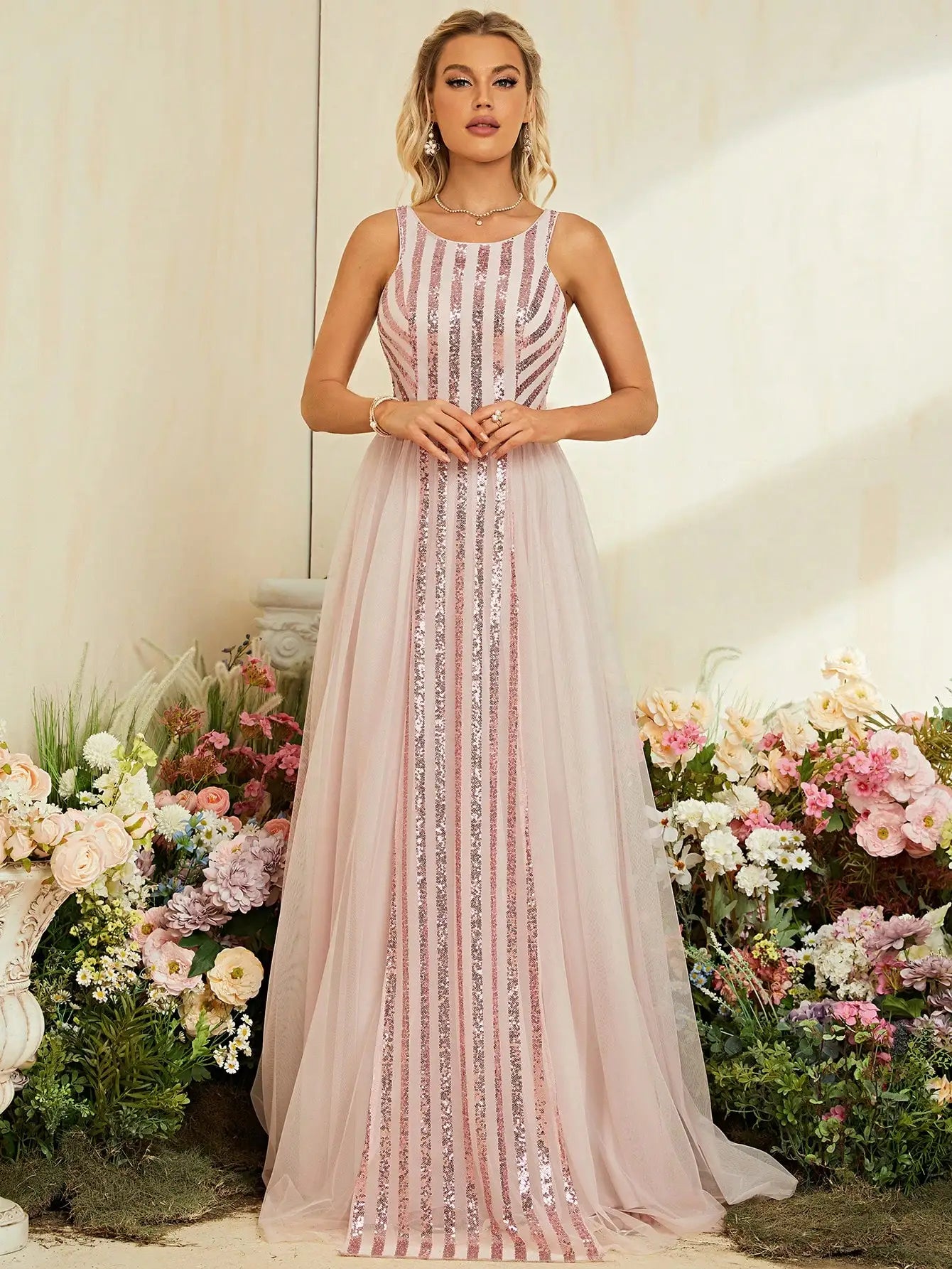 Sequin Gown Blush Pink Tulle Dress for Elegant Weddings	