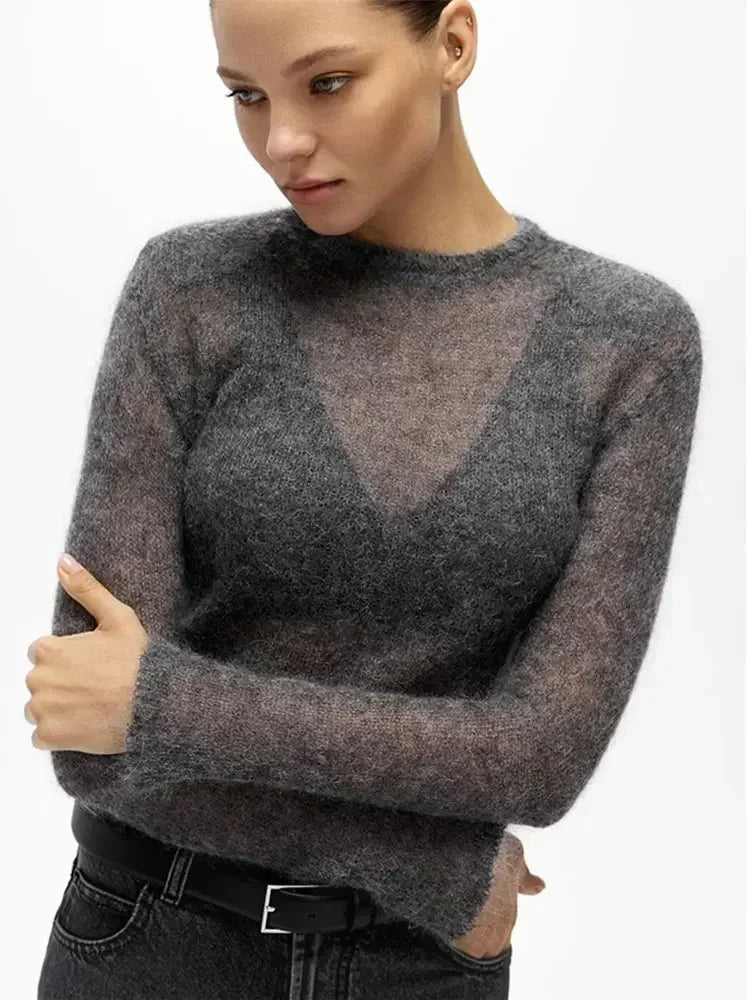 Fluffy See-through Knitwear Heather Grey Sweater Sweaters | Chuzko.com