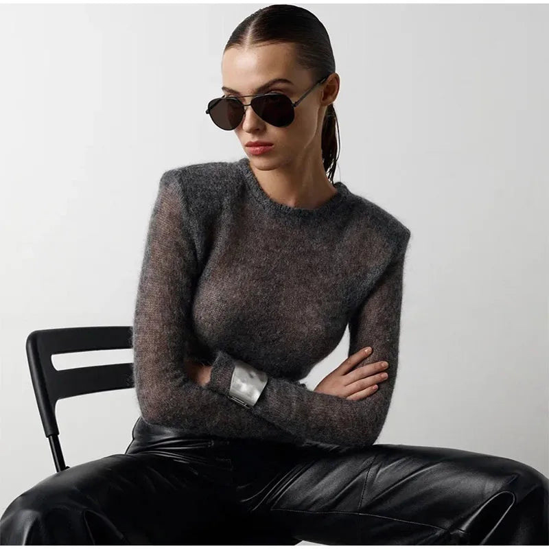 Fluffy See-through Knitwear Heather Grey Sweater Sweaters | Chuzko.com