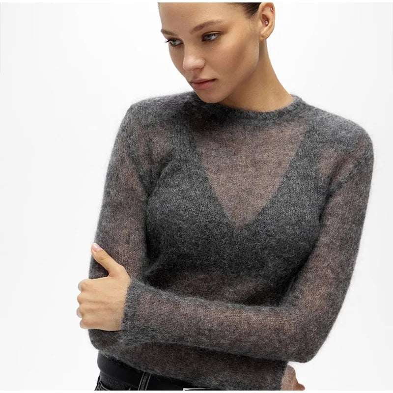 Fluffy See-through Knitwear Heather Grey Sweater Sweaters | Chuzko.com