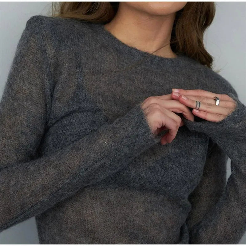 Fluffy See-through Knitwear Heather Grey Sweater Sweaters | Chuzko.com