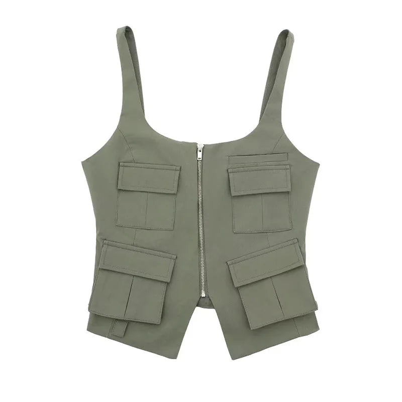 Multi-Pocket Zip-Up Camo Cami Military-Inspired Top Cami Tops | Chuzko.com