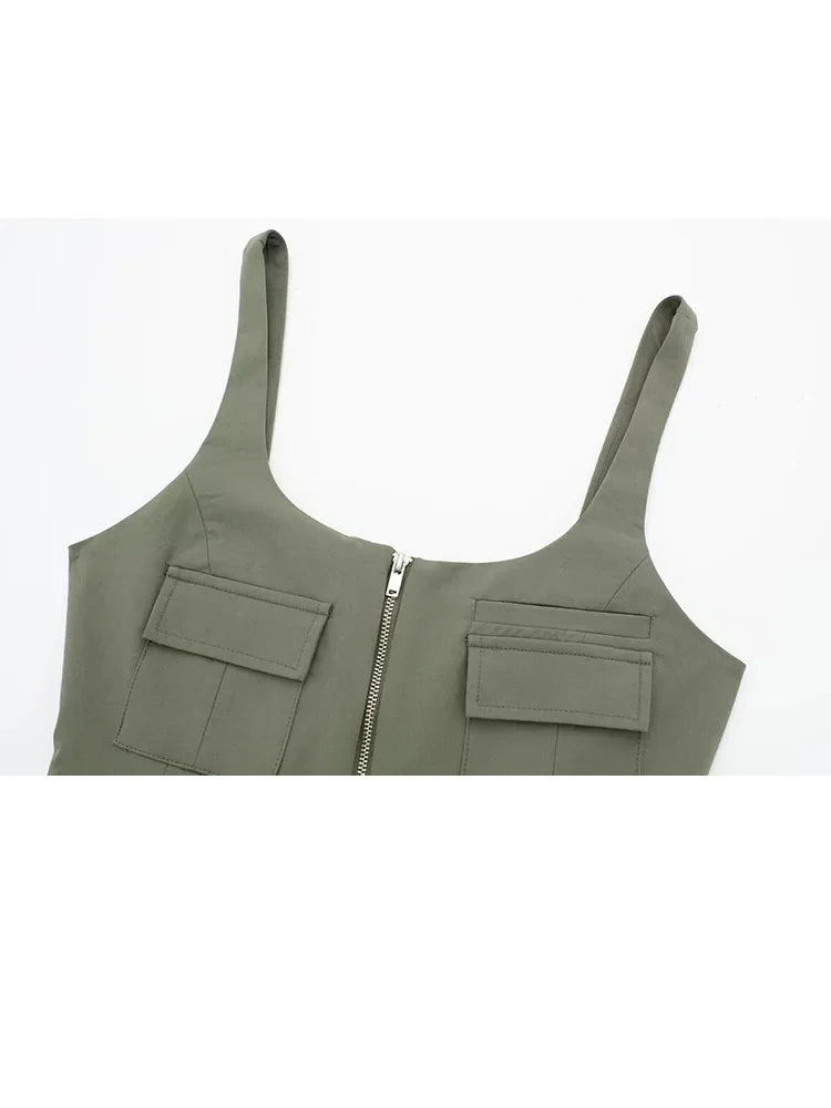 Multi-Pocket Zip-Up Camo Cami Military-Inspired Top Cami Tops | Chuzko.com