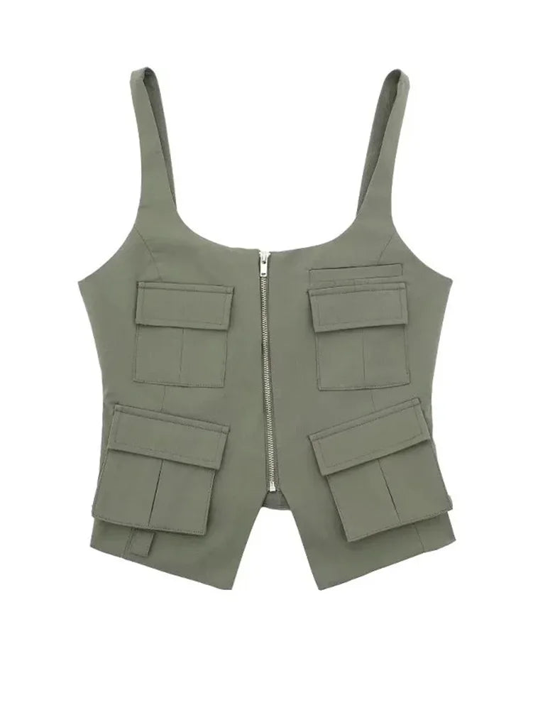 Multi-Pocket Zip-Up Camo Cami Military-Inspired Top Cami Tops | Chuzko.com