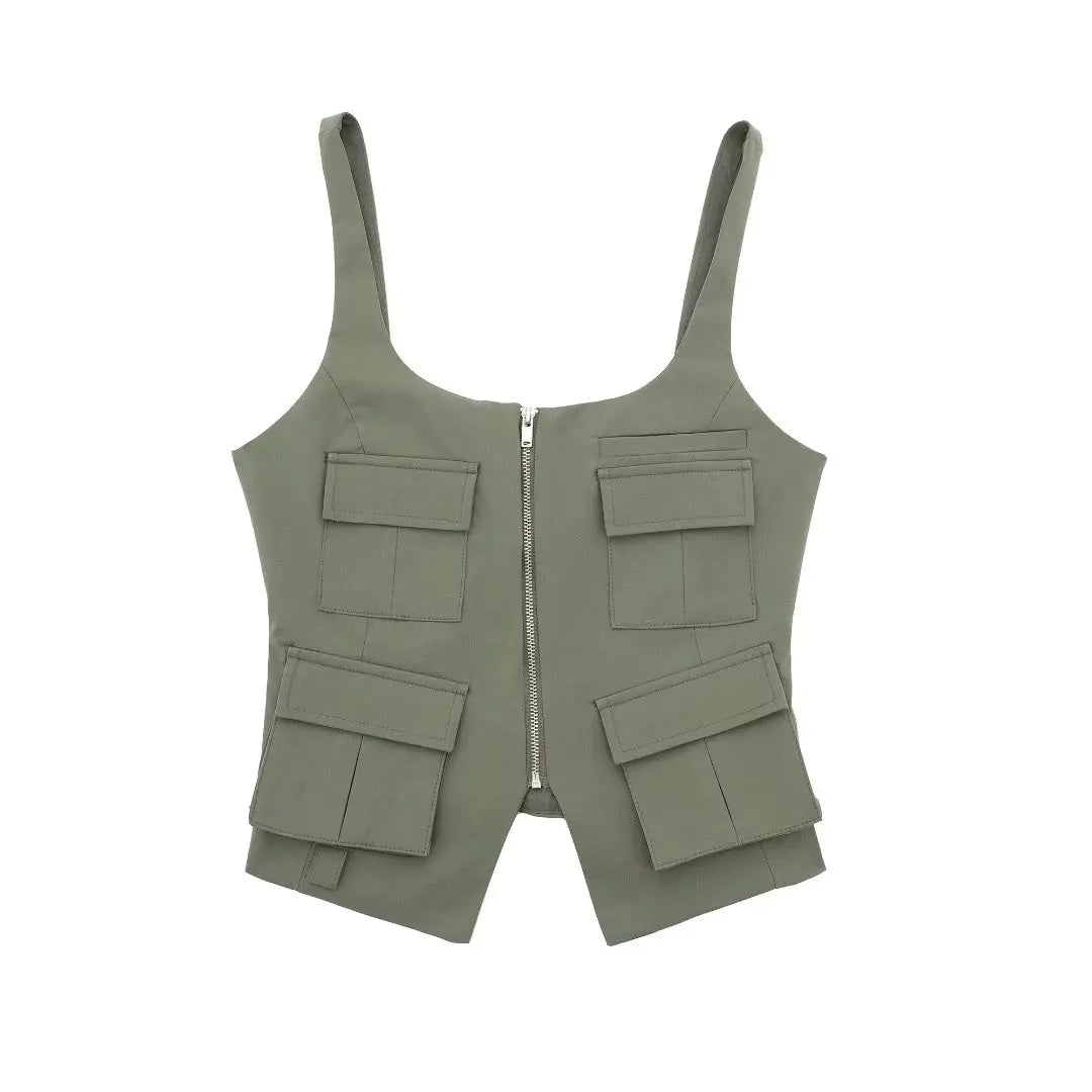 Multi-Pocket Zip-Up Camo Cami Military-Inspired Top Cami Tops | Chuzko.com