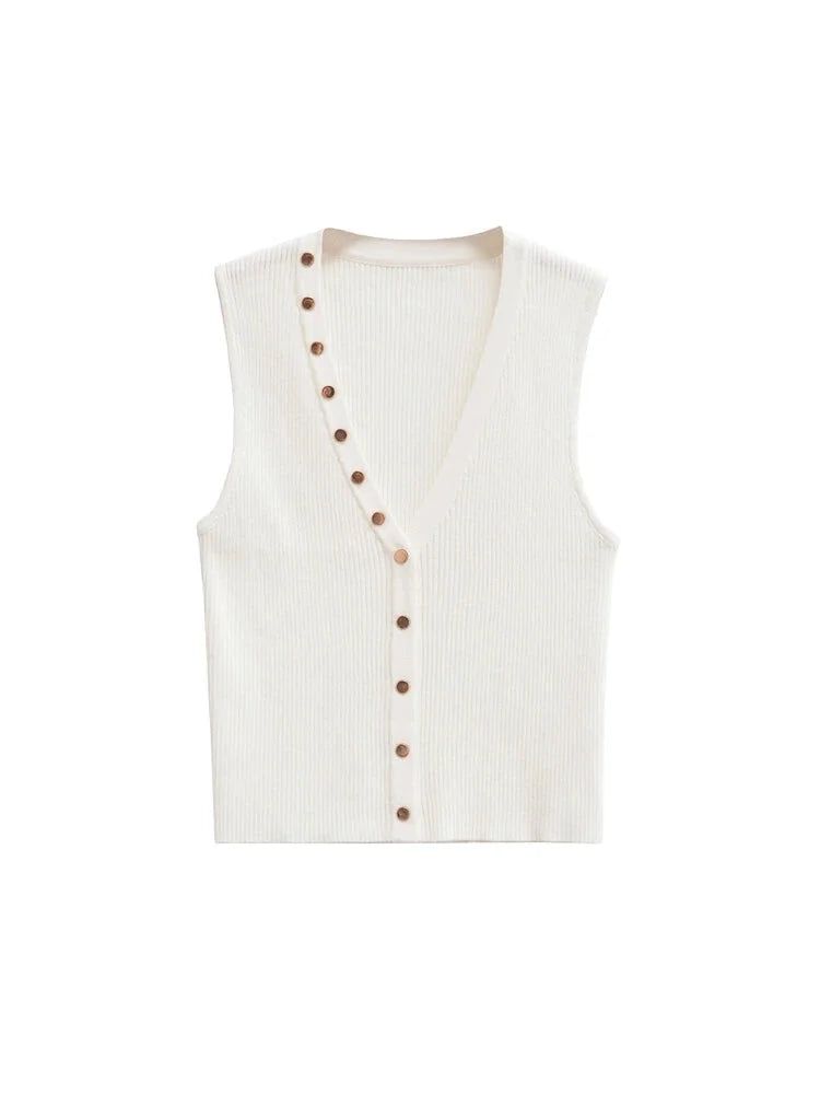 Gold Button Top Sleeveless Knitwear Business Casual Top	