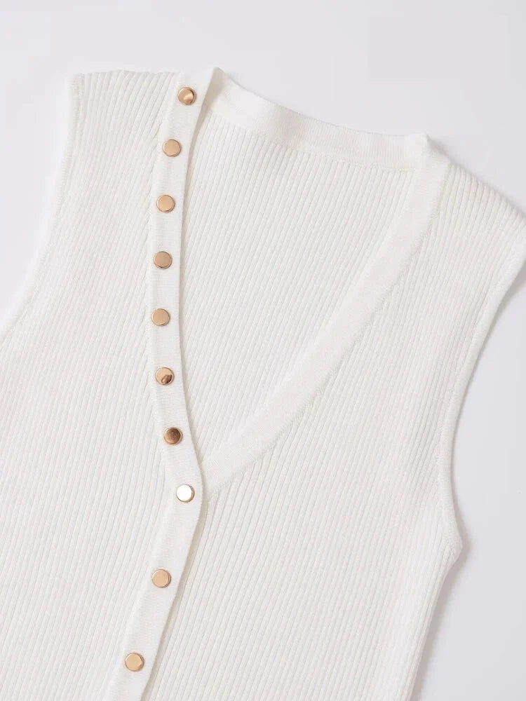 Gold Button Top Sleeveless Knitwear Business Casual Top Knit Tops | Chuzko.com