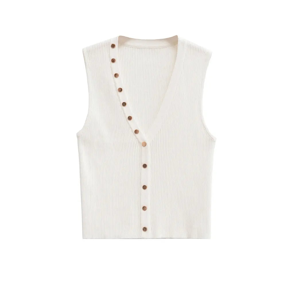 Gold Button Top Sleeveless Knitwear Business Casual Top Knit Tops | Chuzko.com