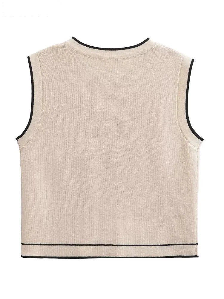 Dual-Tone Knit Vest Contrast Binding Crop Top Vests | Chuzko.com