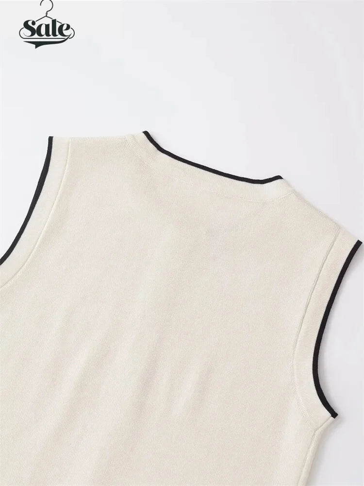 Dual-Tone Knit Vest Contrast Binding Crop Top Vests | Chuzko.com